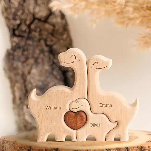 Drawelry Personalisiert Dinosaurier Skulptur Holzpuzzle mit 2-5 Familie Namen Gravur Ornament Holz Wolf Fuchs Bär Tier Statue Puzzle Dekoration Weihnachten Geschenk für Papa Mama Paar (Dinosaurier) von Drawelry