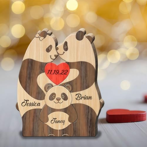Drawelry Personalisiert Panda Skulptur Holzpuzzle mit 2-9 Familie Namen Gravur Ornament Holz Wolf Fuchs Bär Katze Tier Statue Puzzle Dekoration Weihnachten Geschenk für Papa Mama Paar (Panda) von Drawelry