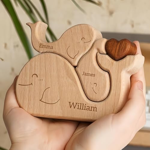 Drawelry Personalisiert Wal Skulptur Holzpuzzle mit 2-5 Familie Namen Gravur Ornament Holz Wal Fuchs Bär Katze Statue Puzzle Dekoration Weihnachten Geschenk für Papa Mama Paar (Wal) von Drawelry