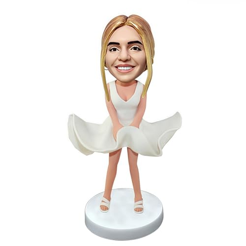Drawelry Personalisierte 3D Wackelkopf Foto Figuren Skulptur Mini Männer Frauen Puppe Wackel Kopf Statuen Kunsthandwerk Heim Büro Auto Deko Ornamente Geschenk für Familie Freunde Paare (Weiß Kleid) von Drawelry
