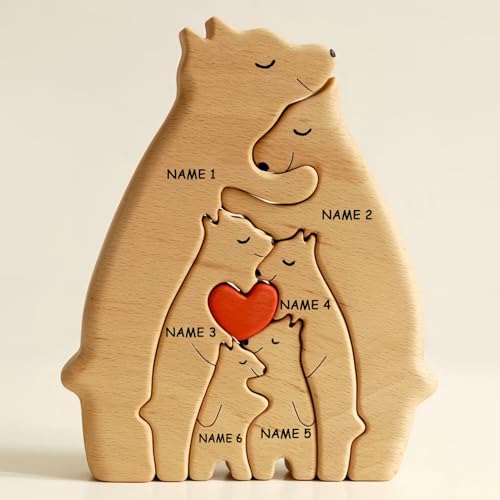 Drawelry Personalisierte Bär Statue Holzpuzzle mit 2-9 Namen Gravur Skulptur Dekoration Holz Bären Familien Kulptur Puzzle Deko Ornament Weihnachten Geburtstag Geschenk für Familie Freunde Paare (A6) von Drawelry