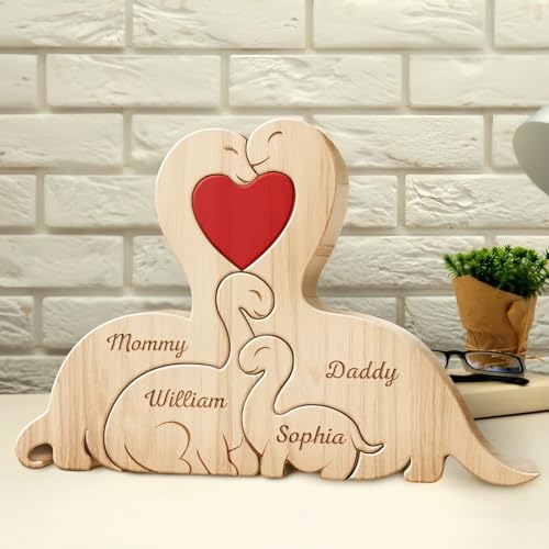 Drawelry Personalisierte Holzpuzzle Tier Statue Ornament mit 2-9 Namen Gravur Handwerk Holz Bär Skulptur Puzzle Dekoration Weihnachten Geburtstag Geschenk für Familie Freunde Paare (Dinosaurier) von Drawelry