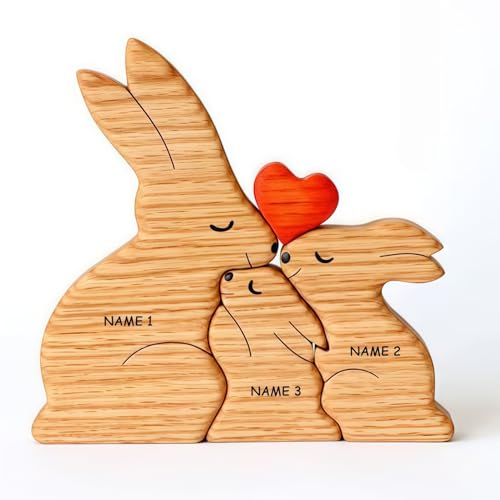 Drawelry Personalisierte Holzpuzzle Tier Statue Ornament mit 2-9 Namen Gravur Handwerk Holz Bär Skulptur Puzzle Dekoration Weihnachten Geburtstag Geschenk für Familie Freunde Paare (Kaninchen) von Drawelry
