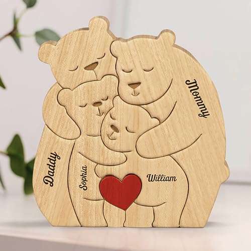 Drawelry Personalisierte Holz Tierpuzzle mit 2-8 Familie Namen Tierskulptur Dekoration Bär Schwan Elefant Tier Statue Ornament für Home Desktop Deko, Geburtstag Weihnachten Neujahr Geschenk (Bäre_A) von Drawelry