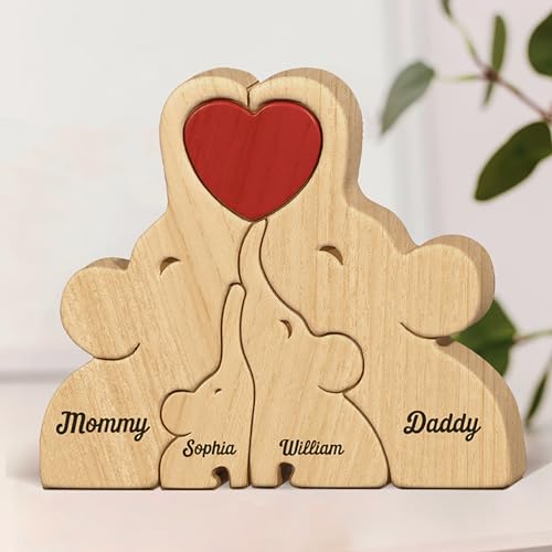 Personalisiertes Holzkunstpuzzle der Elefantenfamilie mit 2-10 Namen Holzpuzzle Elefant Skulpturen Ornament Familien Geschenke für Muttertag Vatertag, Tischdekoration (Elefanten_B) von Drawelry