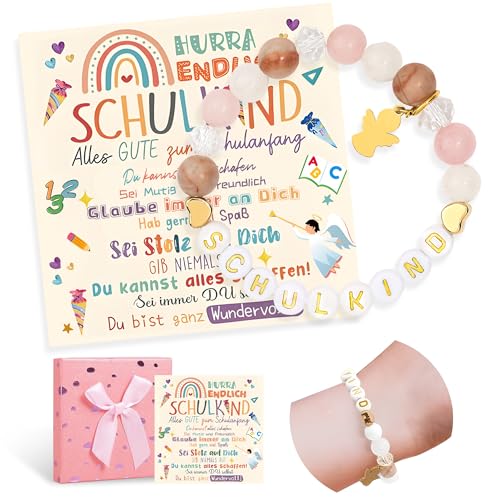 Dreaku Geschenk Einschulung Mädchen 2025 – Schulkind Armband aus Plastik mit Grußkarte Geschenkbox, Schulanfang Mädchen Glücksbringer, Schulkind 2025 Geschenkset von Dreaku