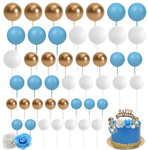 48 Stück Tortendeko Kugeln Cake Topper, 3 Farben Kuchen Deko, DIY-Kucheneinsatz Topper für Jubiläum Geburtstagsfeier Baby Shower Kuchendekoration (Blau Weiss Gold) von Dream HorseX