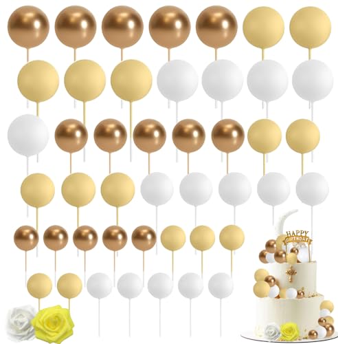 48 Stück Tortendeko Kugeln Cake Topper, 3 Farben Kuchen Deko, DIY-Kucheneinsatz Topper für Jubiläum Geburtstagsfeier Baby Shower Kuchendekoration (gelbes Platin) von Dream HorseX
