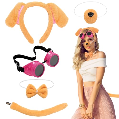 DreamJ Braunes Hundeohren-Stirnband-Set, 5-teilig, Halloween-Kostüme mit Stirnband, Nase, Fliege, Schwanz, Punk, Pflaume, rote Brille für Damen, Halloween-Kostüm-Zubehör von DreamJ
