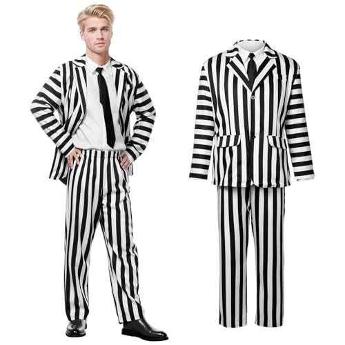 DreamJ Schwarz-weiß gestreifter Anzug, gruselige Halloween-Paar-Kostüme für Damen, Herren, Horror-Film, Halloween-Outfits (Herren, L) von DreamJ