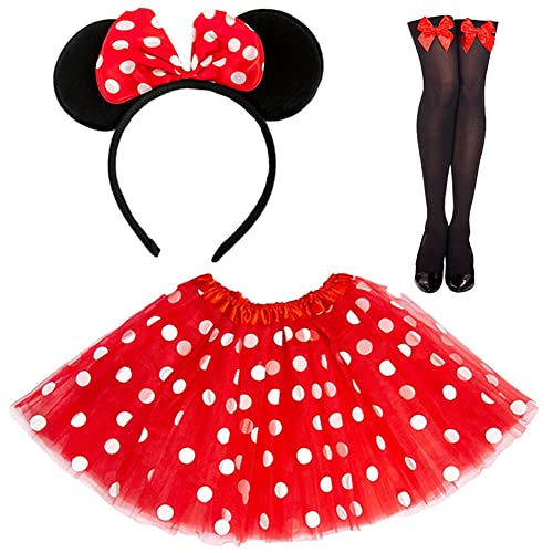 DreamJing Minnie Maus Kostüm für Frauen Mädchen Erwachsene enthalten Polka Dots Tutu Kleid Maus Ohren Haarreif und lange Strümpfe, Halloween Xmas Karneval Cosplay Prinzessin Verkleidung von DreamJing