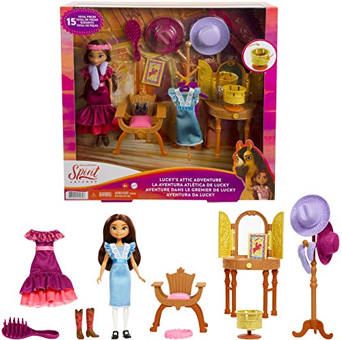 Spirit GXF54 - "Spirit - frei und ungezähmt" Dachboden-Abenteuer mit Lucky Spielset, Lucky Puppe (ca. 18cm),Schminktisch, Sessel, Hutständer, Wundertrommel, Zubehör, tolles Geschenk, ab 3 Jahren von Mattel