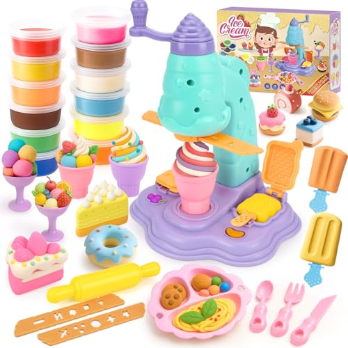 Dreamon EIS Knete Set für Kinder - DIY Knete Eismaschine Set Knete Zubehör, Kinderknete Kitchen Creations Eismaschine mit Knetwerkzeug 8 Dosen Knetmasse, Spielzeug Geschenk Mädchen & Junge von Dreamon
