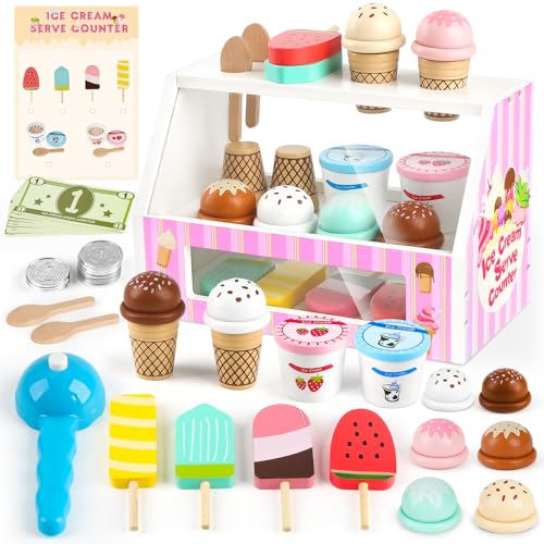 Dreamon Eisdiele Kinder Holz, 38 Stück Kinderküche Zubehör Montessori Spielzeug, EIS Holzspielzeug mit Spielgeld Münze, Kaufladen Rollenspiele Geschenk 3 4 Jahre Mädchen Junge von Dreamon