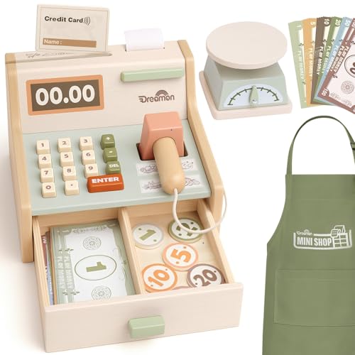 Dreamon Holz Kasse Kinder, Holz Spielkasse Kinderkasse mit Scanner Kaufladen Spielzeug mit Schürze Geschenk für Junge Mädchen 3 4 5 6 7 Jahren von Dreamon