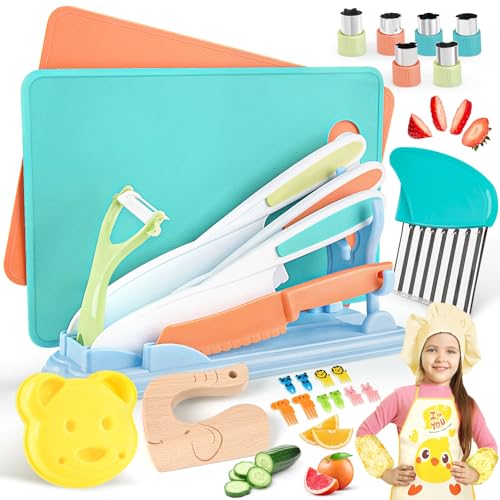 Dreamon Kindermesser ab 3 Jahre, Kindersicheres Küchenmesserset 30-teiliges mit Küchenmesser Holzmesser Schneidebrett und Messerhalter, Tolles Weihnachts- und Geburtstagsgeschenk für Mädchen Junge von Dreamon