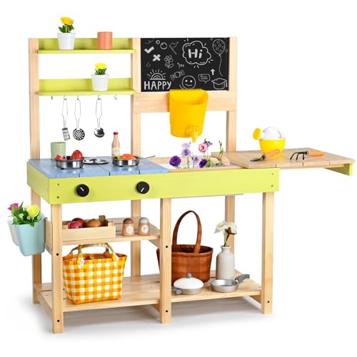 Dreamon Matschküche Kinder Outdoor, Holz-Spielküchenset mit Abnehmbarer Spüle, Kreidetafel, Gartenspielzeug & Edelstahl-Kochzubehör, Matschküche Zubehör für Kinder ab 3 Jahren von Dreamon