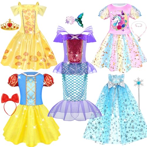 Dreamon Prinzessin Kostüm Mädchen, 5 Set Prinzessin Kleid Mädchen Kostüm Für 3-5 Jahre Mit Krone Umhang,Prinzessine Faschingskostüme Spielzeug Für Geburtstag Weihnachten Karneval Cosplay von Dreamon
