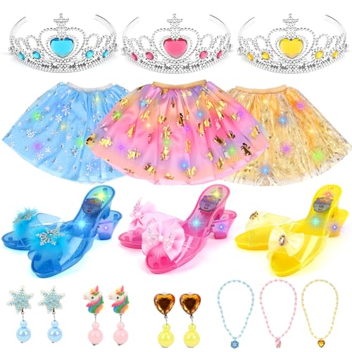 Dreamon Prinzessin Schuhe Mädchen mit Licht, Leuchtende Prinzessin Kleid Mädchen Prinzessinnen Schuhe Faschingskostüme mit Krone Halskette und Ohrringen Weihnachten Geschenk für 3 4 5 6 Jahre von Dreamon