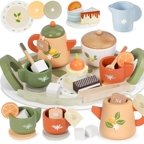 Dreamon Teeservice Kinder Holz, Puppengeschirr Kinderküche Spielküche Zubehör Holz Weihnachts Geschenke für 3 4 5 6 Jungen und Mädchen von Dreamon