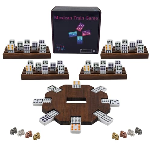 Dreamplay Gifts Mexican Train Dominoes Set with Wooden Hub, 91 Domino Tile Board Games Includes Metal Train Markers Color Dot Double Twelve Set with 4 Woodentile Rack for Family Game Night (Flame) von Dreamplay Gifts