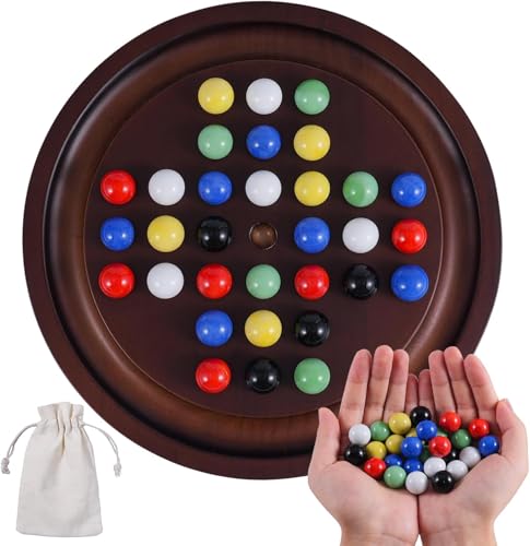 Dreamplay Gifts Mini Solitaire Marble Game Set Wood with 36 Multicolors Natural Stone Marbles Pieces Adults Classic Deluxe Game for Game Night Party and Gatherings (Light Walnut) von Dreamplay Gifts