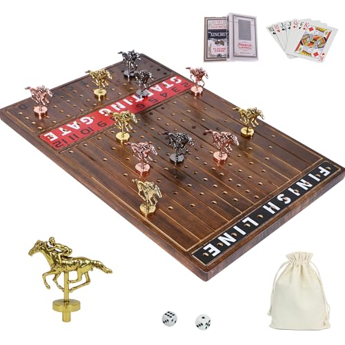 Horse Racing Board Game Solid Wood Horse Race Card and Dice Board Game Luxury Edition Set with 11 Metal Horses,2 Dices and 2 Boxes of Cards (Flame) von Dreamplay Gifts