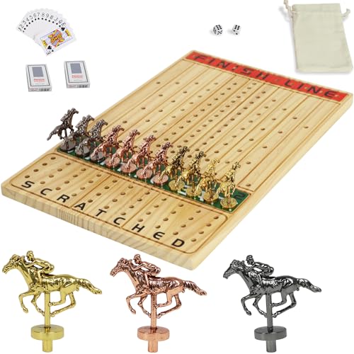 Horse Racing Board Game Solid Wood Horse Race Card and Dice Board Game Luxury Edition Set with 11 Metal Horses,2 Dices and 2 Boxes of Cards (Log) von Dreamplay Gifts