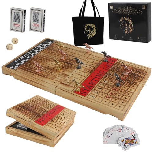 Horse Racing Board Game Pferderennspielbrett, ausgestattet mit 11 luxuriösen Metallpferden, EIN Brettspiel für Erwachsene, das 2 Würfelpaare und 2 Kartenkisten sowie eine klappbare Schachtel von Dreamplay Gifts
