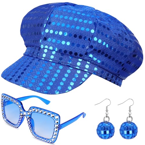 Dreamtop Abba-Kostüm-Set mit Pailletten, für Erwachsene, 70er-Jahre, Abba-Zubehör mit blauem Hut, Sonnenbrille, Ohrringen, Abba-Kostüm-Set für Damen, Mottoparty, Geburtstag, Tanz, 3 Stück von Dreamtop