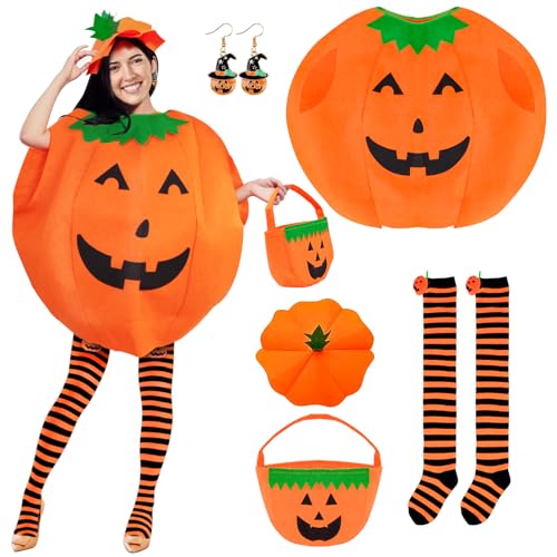 Dreamtop Kürbis Kostüm Erwachsene, 5 Stück Halloween Kürbis Kostüm Erwachsene kürbisanzüge mit Kürbis Hut Süßigkeiten Tasche Ohrringe Overknee Socken für Frauen Halloween Party Dreamtop Kürbis Kostüm Erwachsene, 5 Stück Halloween Kürbis Kostüm Erwachsene kürbisanzüge mit Kürbis Hut Süßigkeiten Tasche Ohrringe Overknee Socken für Frauen Halloween Party von Dreamtop