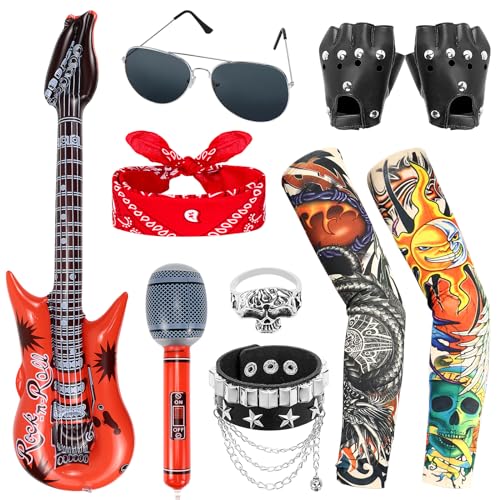 Dreamtop Punk Gothic Rocker Kostüm Set, Rock Heavy Metal Zubehör mit Retro Sonnenbrille Handschuhe Bandana Fake Tattoo Ärmel Armband Ringe Aufblasbare Gitarre für Frauen Männer von Dreamtop