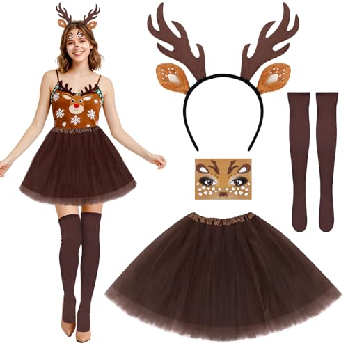 Dreamtop Rentier-Kostüm für Damen, Hirschgeweih, Stirnband, Tattoo-Aufkleber, Tutu, Rock, lange Socken, Rentier-Outfit für Halloween, Weihnachten, Cosplay, Party, Hirschzubehör, Braun, 5 Stück Dreamtop Rentier-Kostüm für Damen, Hirschgeweih, Stirnband, Tattoo-Aufkleber, Tutu, Rock, lange Socken, Rentier-Outfit für Halloween, Weihnachten, Cosplay, Party, Hirschzubehör, Braun, 5 Stück von Dreamtop