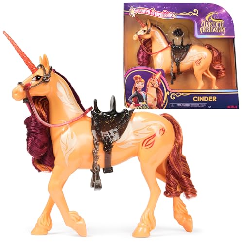 Unicorn Academy Einhorn Cinder - 28 cm groß, Original-Einhorn von Valentina zur Netflix-Serie, mit echter Mähne und Schweif, abnehmbarem Zaumzeug und Sattel sowie Bürste, für Kinder ab 4 Jahren von Dreamworks Dragons