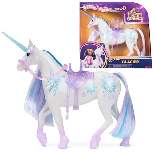 Unicorn Academy Einhorn Glacier - 28 cm groß, Original-Einhorn von Layla zur Netflix-Serie, mit echter Mähne und Schweif, abnehmbarem Zaumzeug und Sattel sowie Bürste, für Kinder ab 4 Jahren von Dreamworks Dragons
