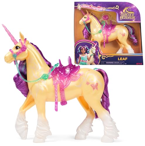 Unicorn Academy Einhorn Leaf - 28 cm groß, Original-Einhorn von Ava zur Netflix-Serie, mit echter Mähne und Schweif, abnehmbarem Zaumzeug und Sattel sowie Bürste, für Kinder ab 4 Jahren von Dreamworks Dragons