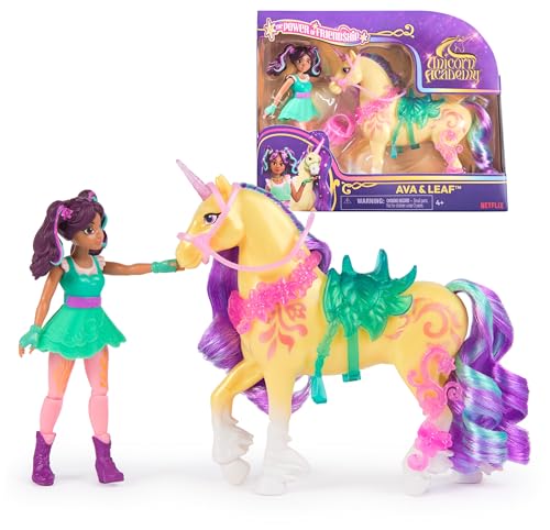 Unicorn Academy Set - Ava und Einhorn Leaf mit echter Mähne und Schweif sowie Bürste, ca. 12 cm große Originalfiguren zur beliebten Netflix Serie, für Kinder ab 4 Jahren von Dreamworks Dragons