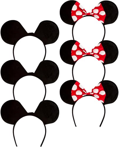 6 Stück Schwarz Mickey Mouse Ohren & Minnie Maus Ohren auf Haarreif mit rot und weiß gepunkteter Schleife für Erwachsene/Kinder Verkleidung Kostüm Zubehör Party Dekoration Geschenk von Dreamzfit