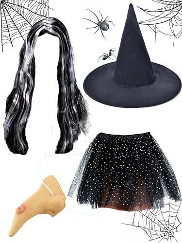 Damen Hexen oder Zauberer Outfit, Schwarzer Hexenhut mit grauem Haar + Hexennase + Schwarzer Tutu Rock - Halloween Tag der Toten Spitzer Hexenhut - Verkleidung Karneval Zubehör von Dreamzfit