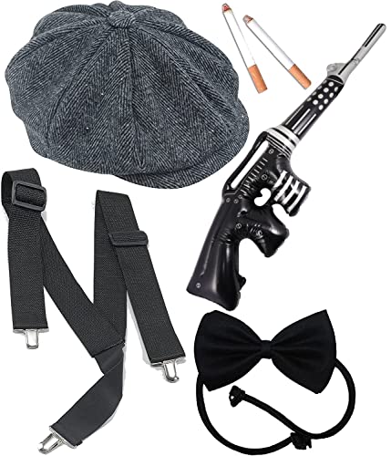 Dreamzfit - 1920er Jahre Al Capone Gangster Peaky Blinder Gatsby Kostüm für Männer Kostüm - Schirmmütze, Hosenträger, schwarze Fliege, künstliche Zigarette und Tommy Gun, Mehrfarbig von Dreamzfit