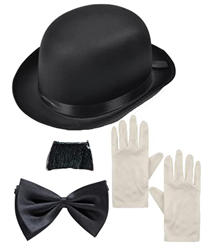 Dreamzfit Charlie Chaplin Kostüm-Set für Erwachsene, Motiv: Stille Filmfigur, schwarzer Bowler-Hut, Charlie Musache, schwarze Fliege und weiße Handschuhe, 1920er-Jahre-Stern, Junggesellenabschied, Dreamzfit Charlie Chaplin Kostüm-Set für Erwachsene, Motiv: Stille Filmfigur, schwarzer Bowler-Hut, Charlie Musache, schwarze Fliege und weiße Handschuhe, 1920er-Jahre-Stern, Junggesellenabschied, von Dreamzfit