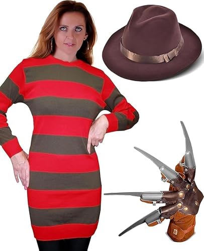 Dreamzfit Damenkostüm Nightmare at ELM Street Freddy Krueger Horror-Stil, rot und grün gestreifter Pullover, Krallenhandschuh und Hut – Halloween-Kostüm für gruselige Partys (L/XL) von Dreamzfit