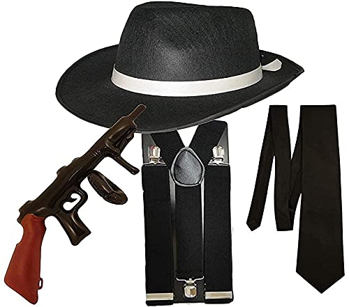 Dreamzfit - Erwachsene Al Capone 1920s MOB Gangster Kostüm Set ~ Hut, Hosenträger, Krawatte & aufblasbare Tommy Gun – Mottoparty Mafia Patenvater Pimp Gatsby Herren Outfits (schwarz) von Dreamzfit