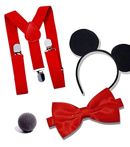 Dreamzfit - Erwachsene Herren Mickey Mouse Kostüm Kit ~ Schwarzes Ohr Stirnband, Nase, rote Hosenträger & Fliege - Junggesellinnenabschied Spaß Karneval Cosplay Mottoparty Outfit Zubehör von Dreamzfit
