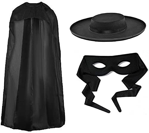 Dreamzfit - Erwachsene Herren Schwarz Bandit Zorro Filzhut Schwarz Cape & Maske Kostüm Kostüm Set | Zorro Hero Bösewicht Spanisch Assassin Party Spaß Buch Woche Cosplay Outfits von Dreamzfit