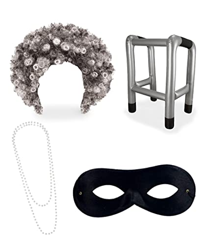 Dreamzfit - Erwachsene Unisex Weltbuchtag Gangster Gangsta Grau Afro-Perücke, Perlenkette, Augenmaske & Aufblasbarer Zimmer Rahmen Oma Kostüm Set für Männer Frauen von Dreamzfit
