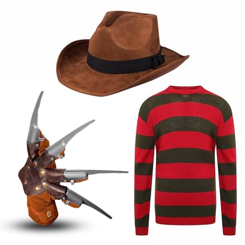 Dreamzfit - Erwachsene grün/rot gestreifter Pullover und Krallenhandschuh Freddy Krueger Cosplay Outfit 2-teiliges Set | Herren Nightmare on ELM Street Halloween Horror Scary Fancy Dress Kostüm (L) von Dreamzfit