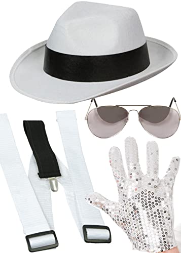 Dreamzfit - Erwachsenen-Kostüm King of Pop Michael Jackson Rockstar Dance Gangster Cosplay Kostüm, weißer Fedora-Hut + weiße Hosenträger + Paillettenhandschuh + Fliegerschirme, Erwachsene One Suize Dreamzfit - Erwachsenen-Kostüm King of Pop Michael Jackson Rockstar Dance Gangster Cosplay Kostüm, weißer Fedora-Hut + weiße Hosenträger + Paillettenhandschuh + Fliegerschirme, Erwachsene One Suize von Dreamzfit