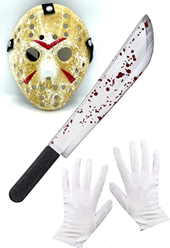 Dreamzfit - Freitag der 13. Jason Voorhees Gruselkostüm Hockey-Maske, weiße Handschuhe und blutiges Spielzeug Halloween Killer Horror Festival Maskerade Party Verkleidung von Dreamzfit