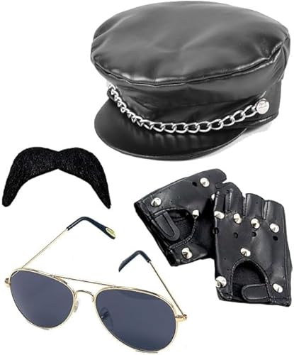 Dreamzfit - Herren 80er Jahre Punk Biker Kostüm Zubehör Schwarze Biker Cap mit Kette, Fliegerbrille, Biker-Handschuhe & Schnurrbart - Steampunk YMCA Karneval Cosplay Themenparty Verkleidung von Dreamzfit